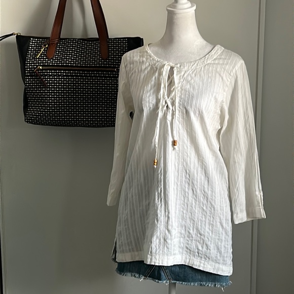 Columbia Tops - Columbia Women’s Casual Boho Pullover Textured 3/4 Sleeve Split Tie Neck Blouse
